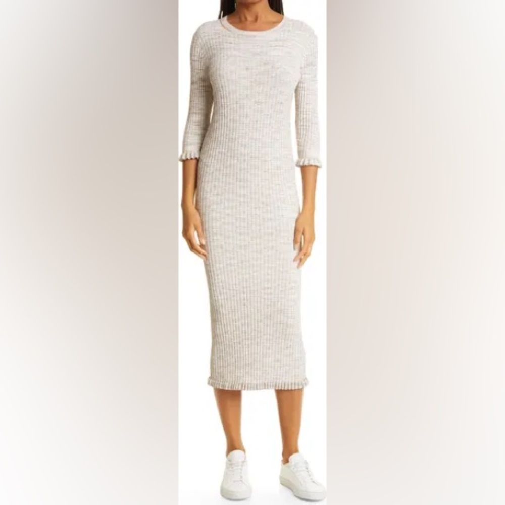 Veronica Beard Richie Ribbed 3/4 Sleeve Bodycon Knit Midi Dress Sand Medium $448